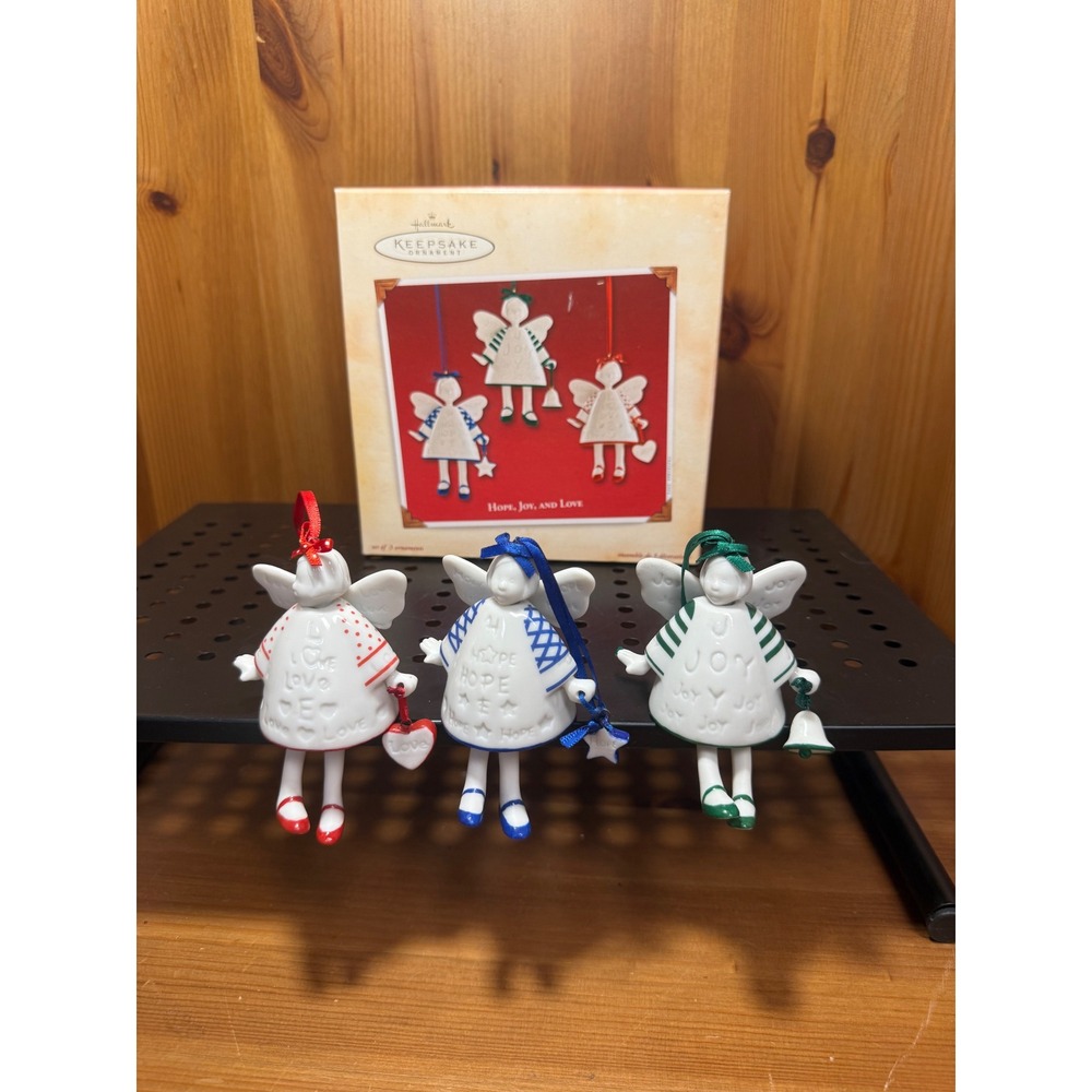 Hallmark Keepsake 2002 Hope Joy Love Porcelain Angel Ornament Set of 3 Sue Tague